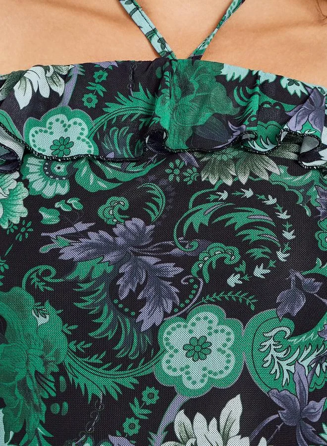 Styli Women Green Printed Ruffle Detail Maxi Dress